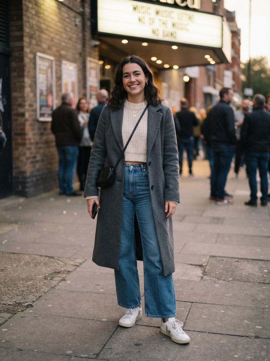 Wide-Leg Jeans with Crop Knit and Long Coat winter concert outfit