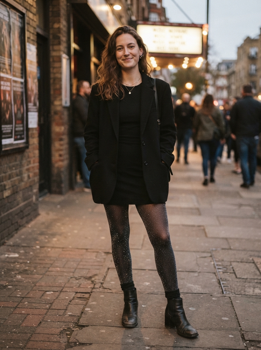 Sparkly Tights with a Black Dress winter concert outfit