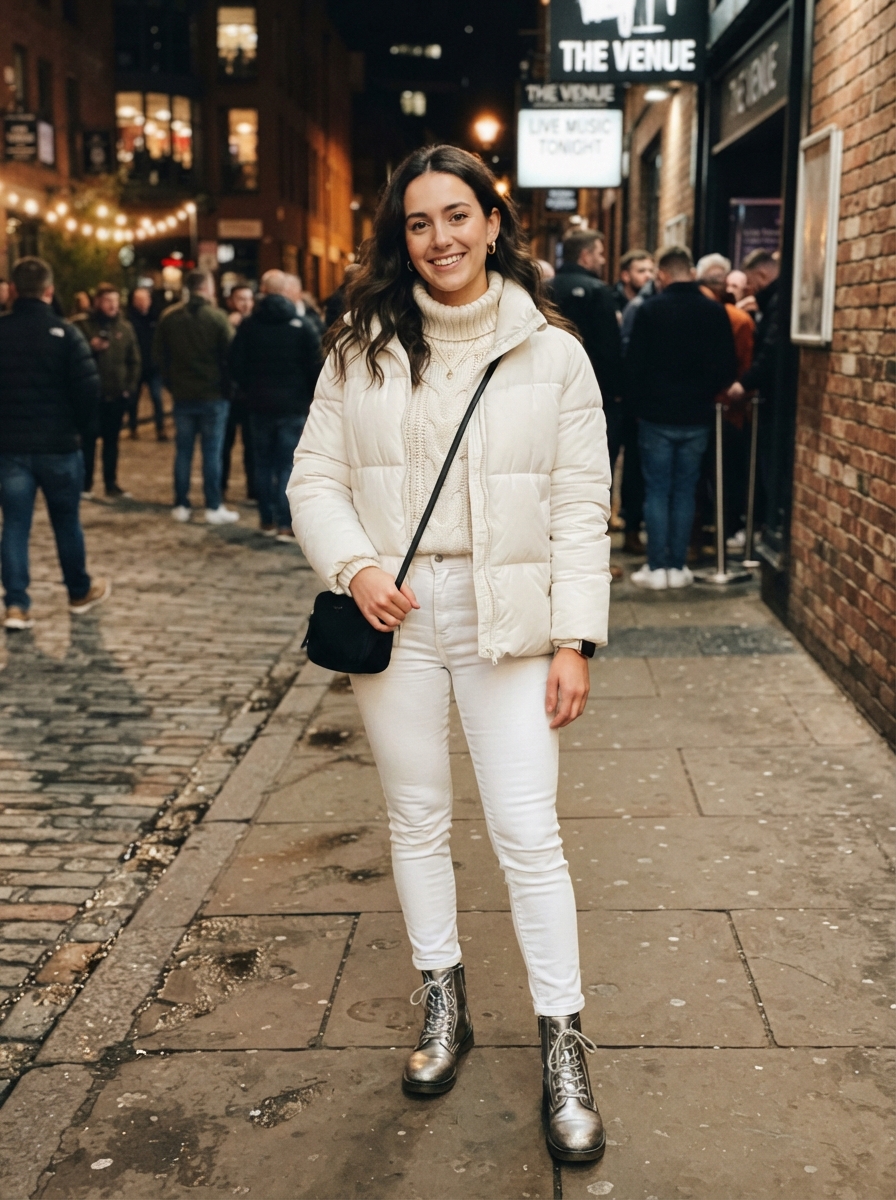 White Winter Outfit with Silver Boots winter concert outfit