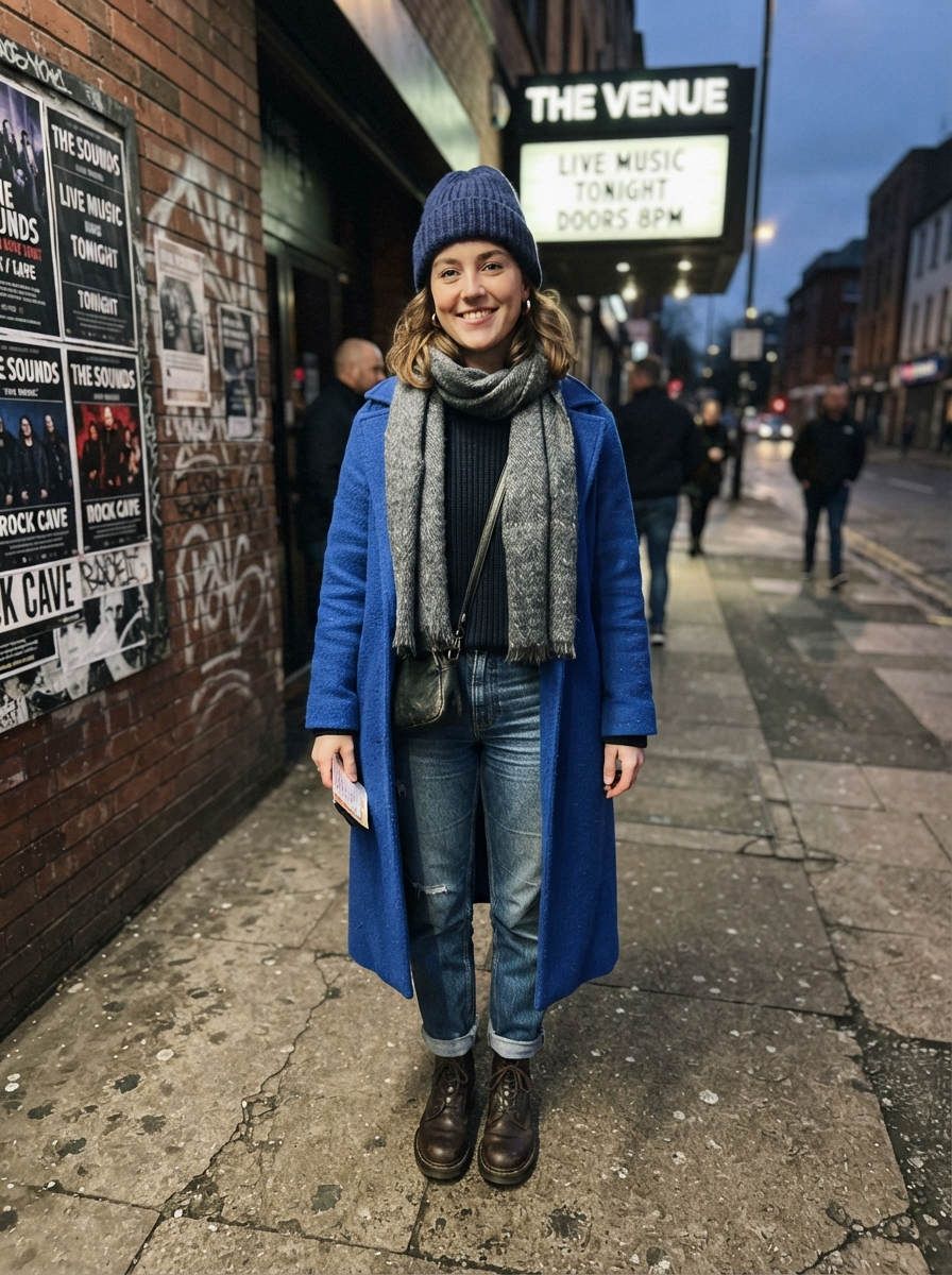 Beanie, Scarf and Statement Coat winter concert outfit