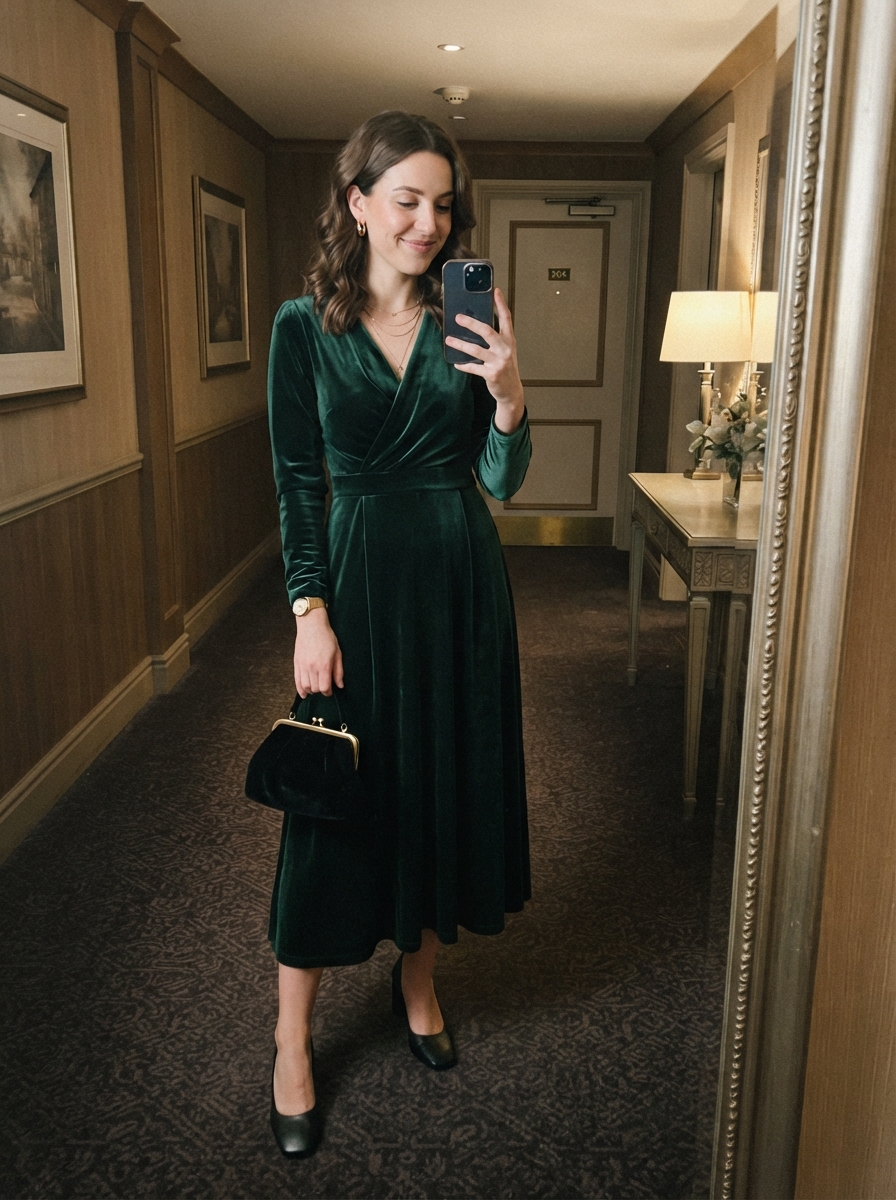 Emerald Velvet Midi Dress winter wedding guest outfit