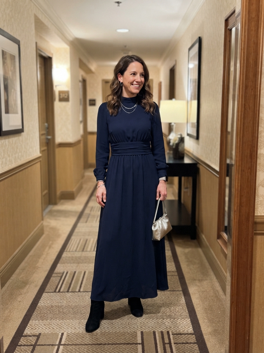 Navy Long-Sleeve Maxi Dress winter wedding guest outfit