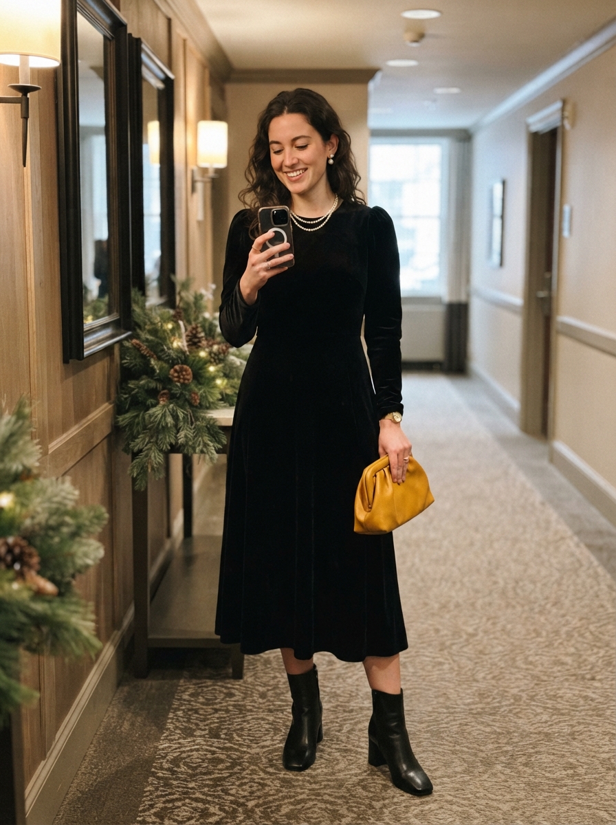 Black Velvet Dress with Pearl Accessories winter wedding guest outfit