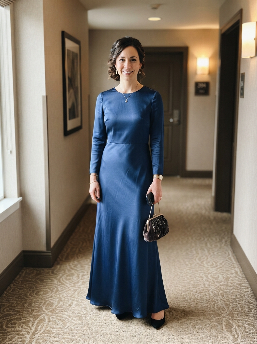 Sapphire Blue Satin Gown winter wedding guest outfit