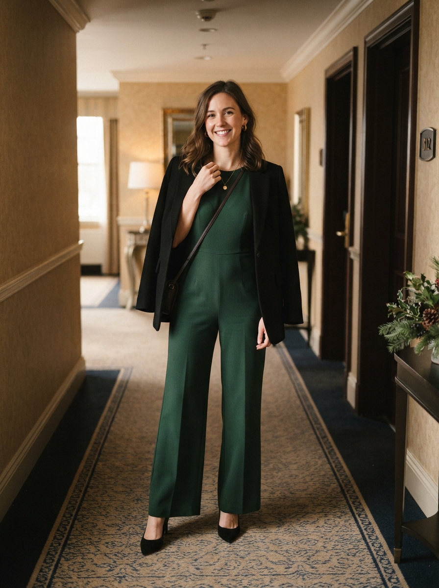 Forest Green Jumpsuit with Blazer winter wedding guest outfit