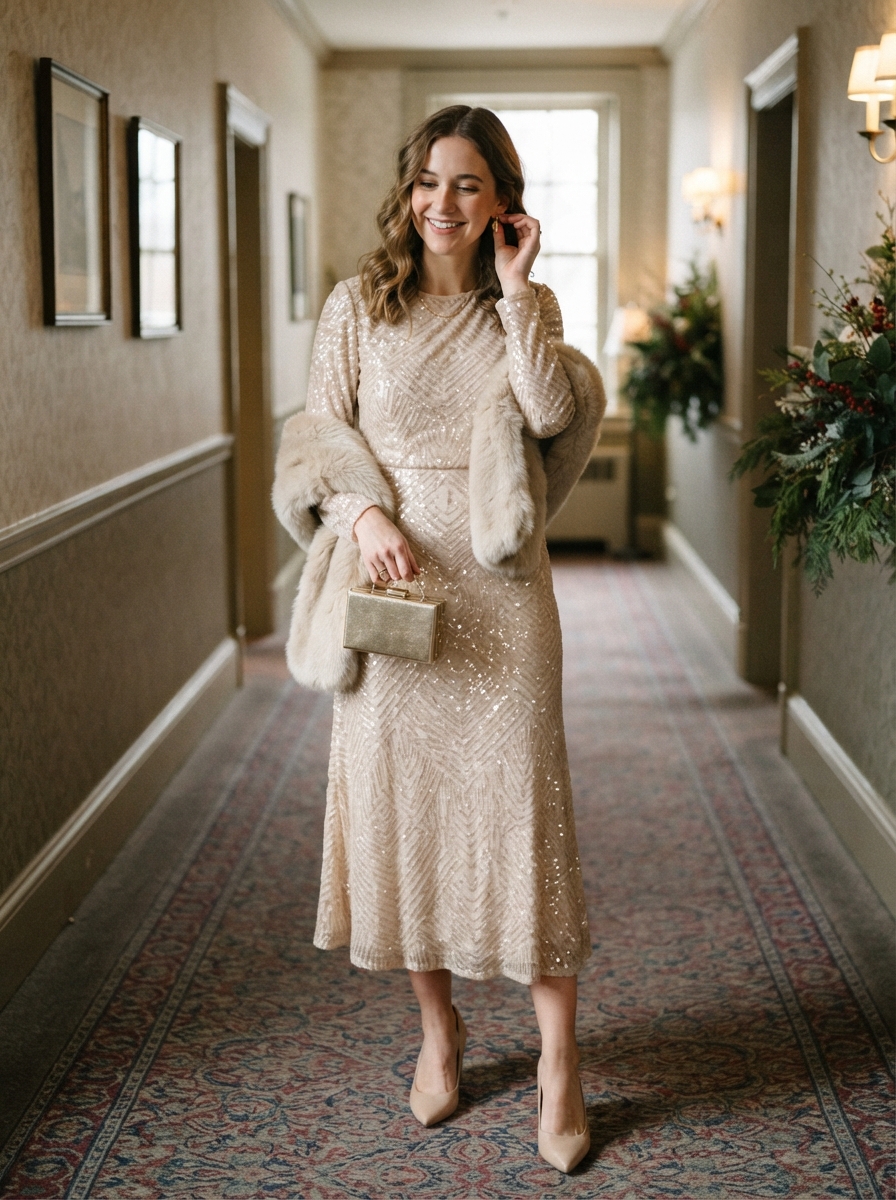 Champagne Sequin Midi Dress winter wedding guest outfit