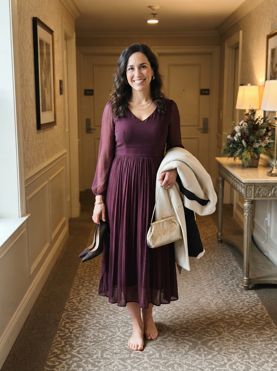 Plum Chiffon Dress with Long Sleeves winter wedding guest outfit