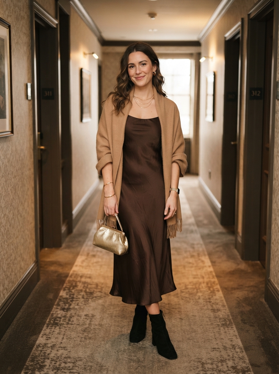 Chocolate Brown Satin Slip Dress with Shawl winter wedding guest outfit