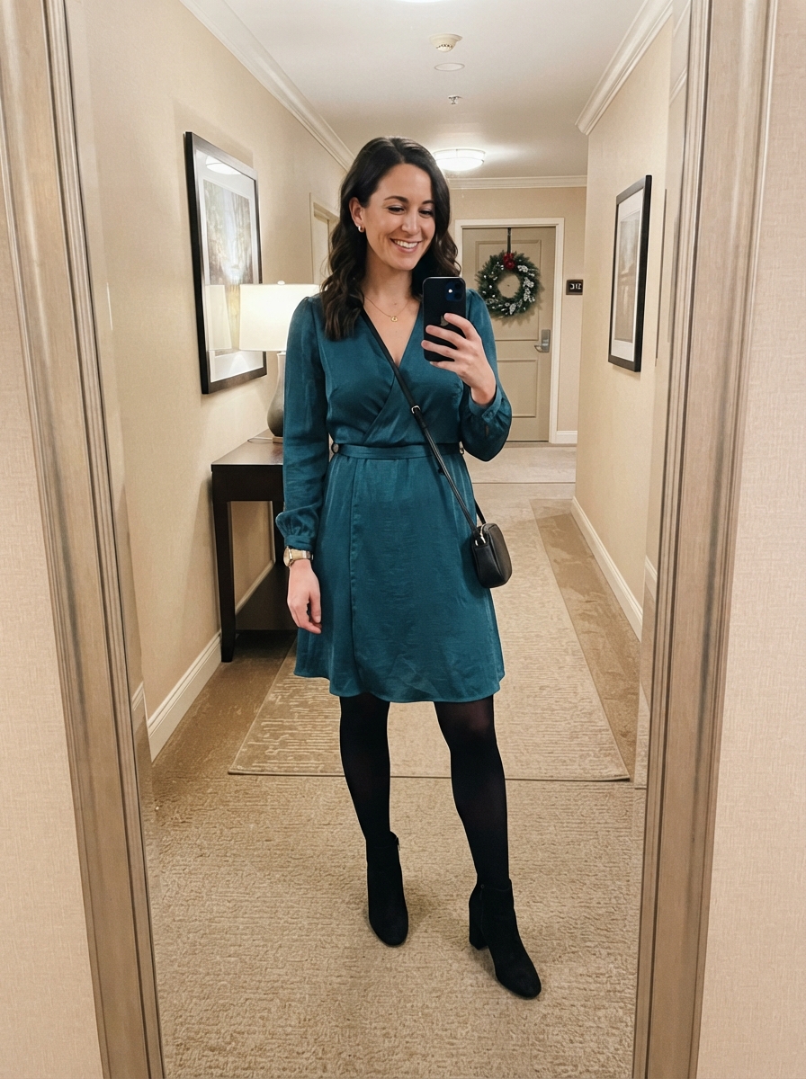 Teal Wrap Dress with Opaque Tights winter wedding guest outfit