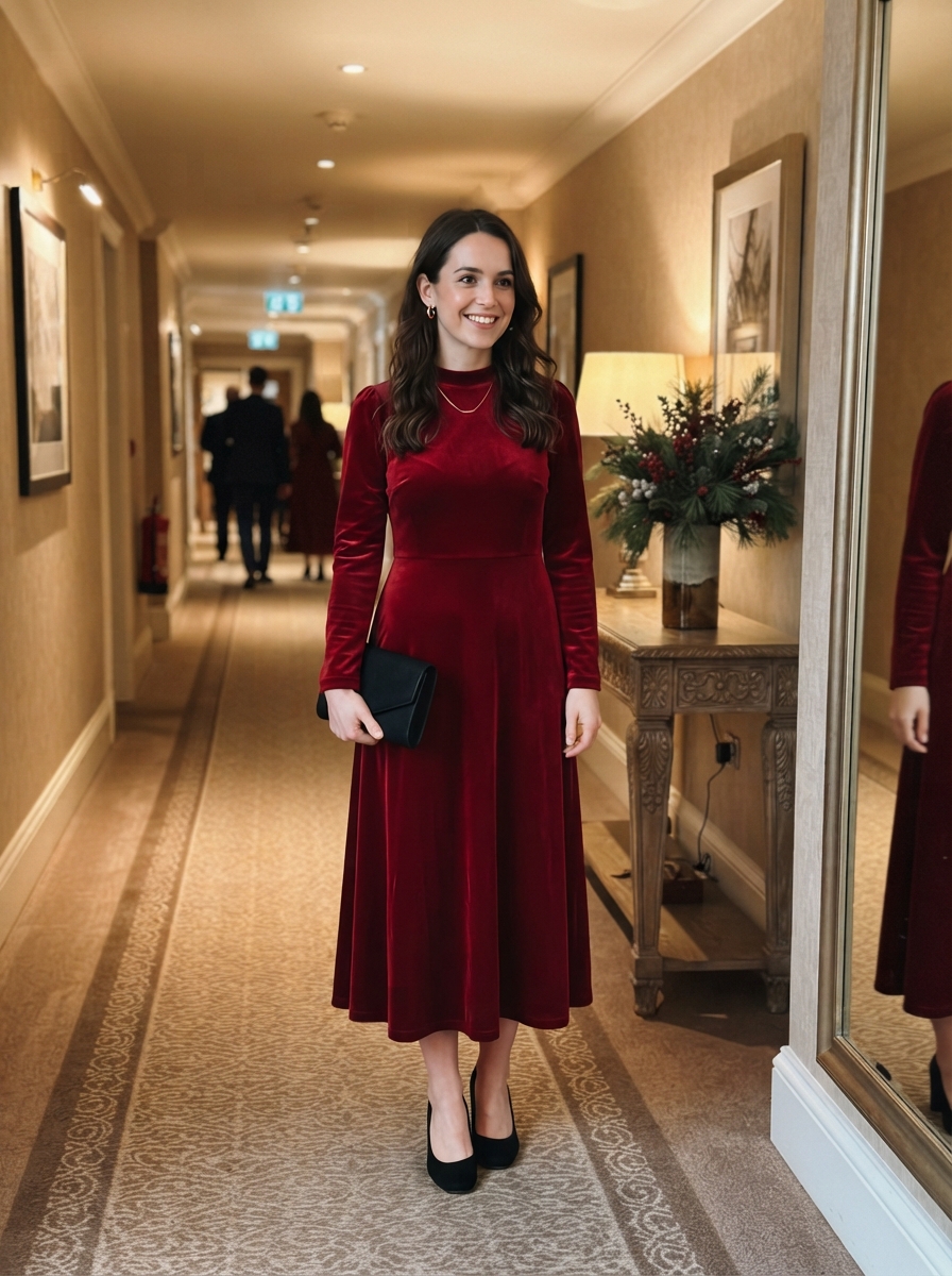 Ruby Red Midi Dress winter wedding guest outfit