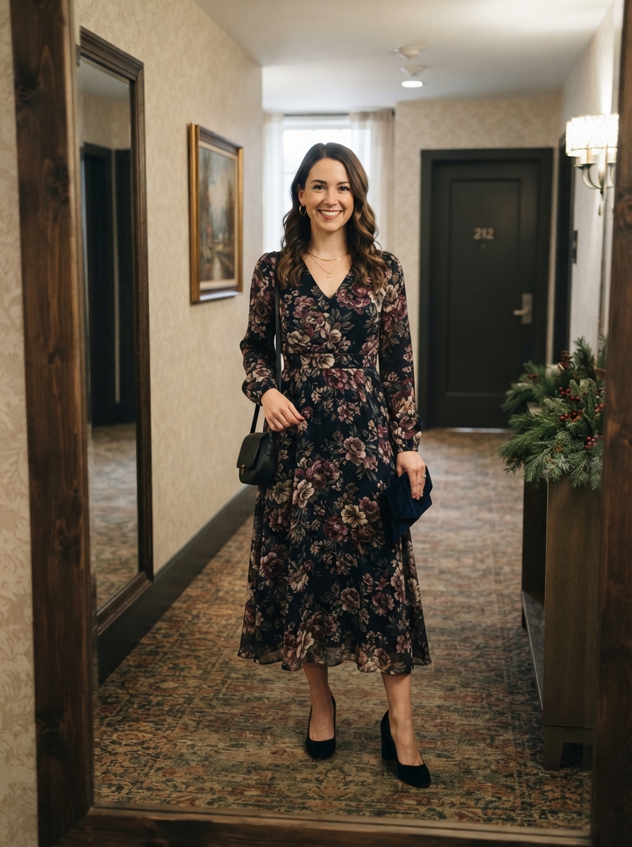 Floral Midi Dress on a Dark Base winter wedding guest outfit