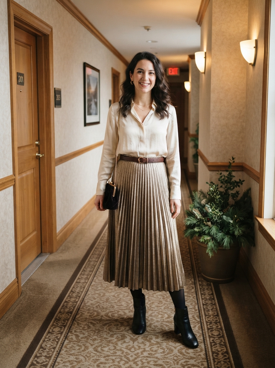 Pleated Metallic Skirt with Silk Blouse winter wedding guest outfit