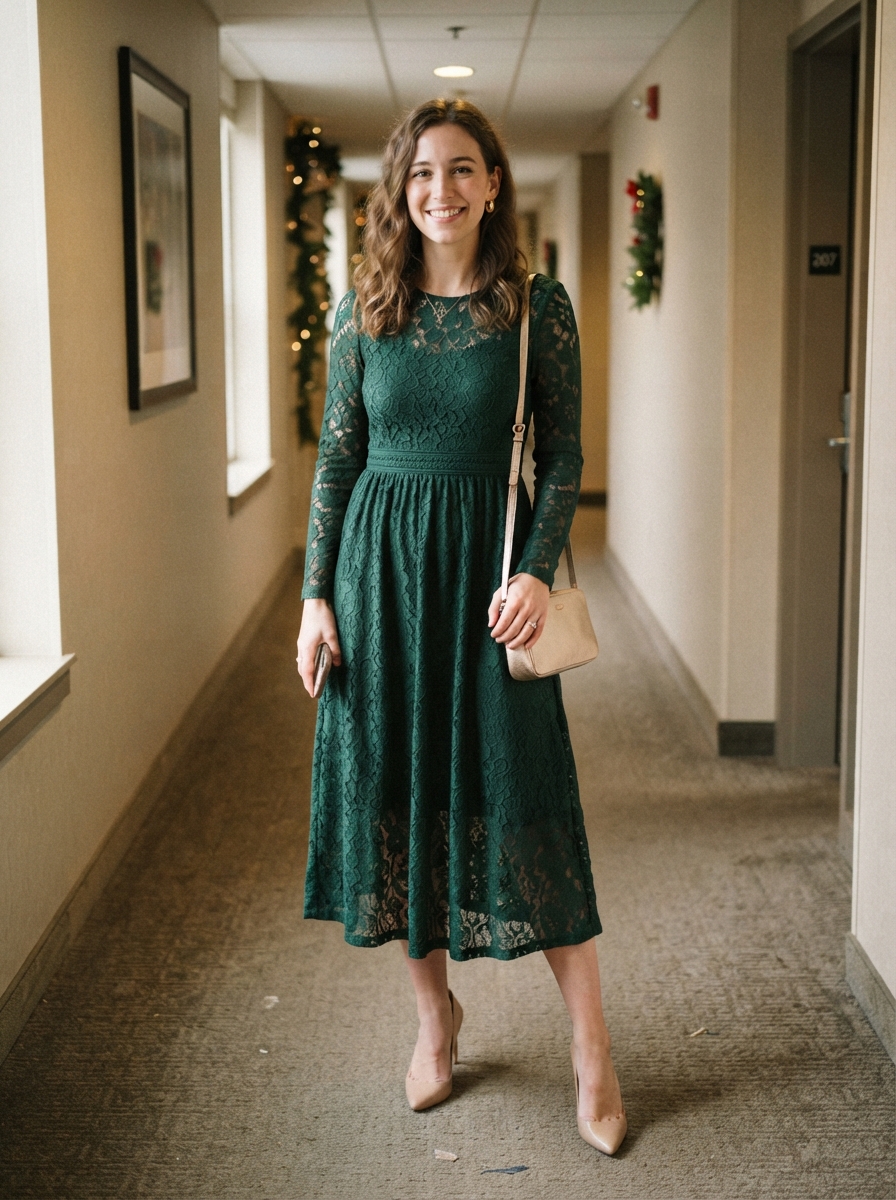Lace Midi Dress in Deep Green winter wedding guest outfit