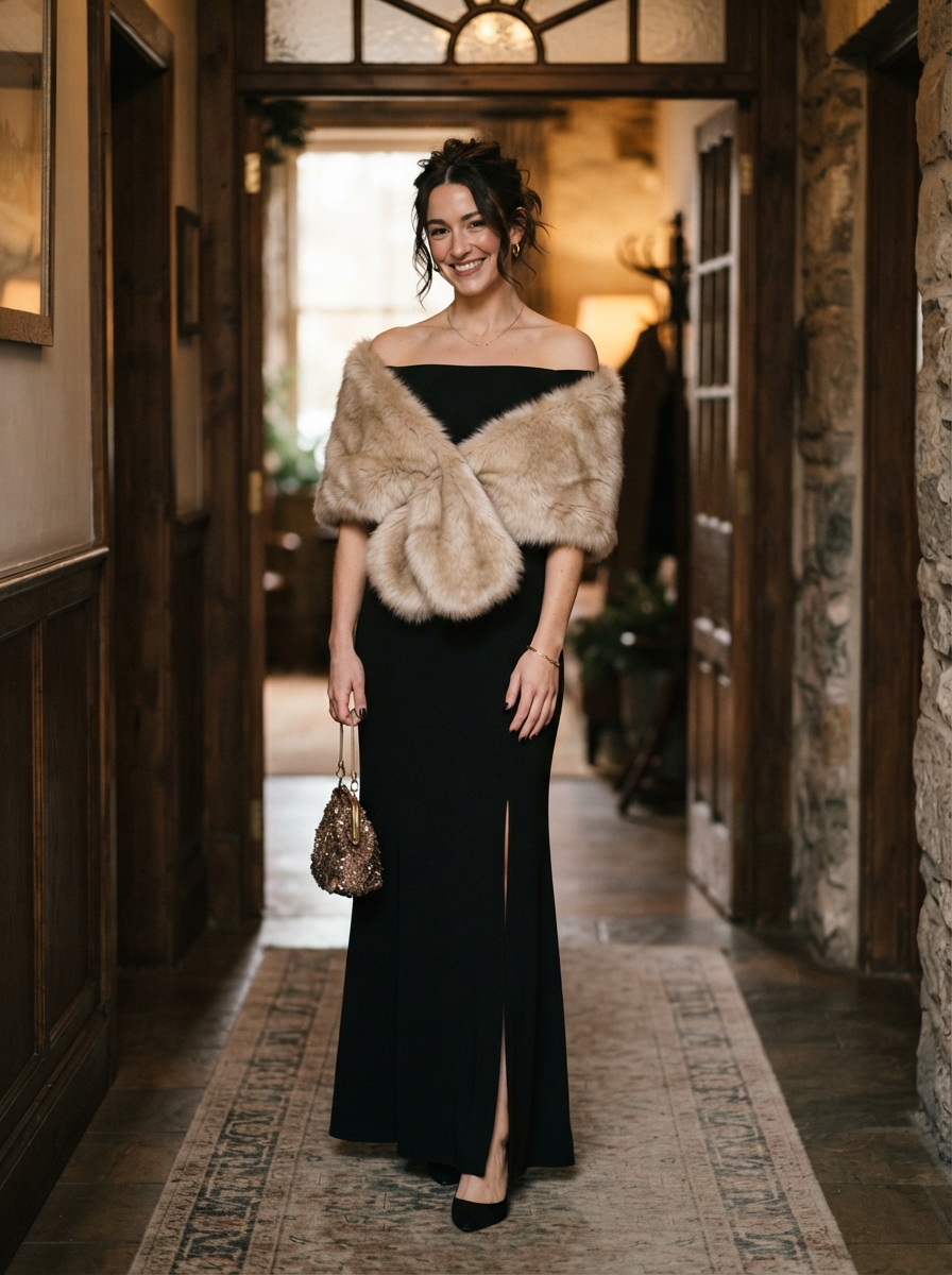 Off-Shoulder Black Gown winter wedding guest outfit