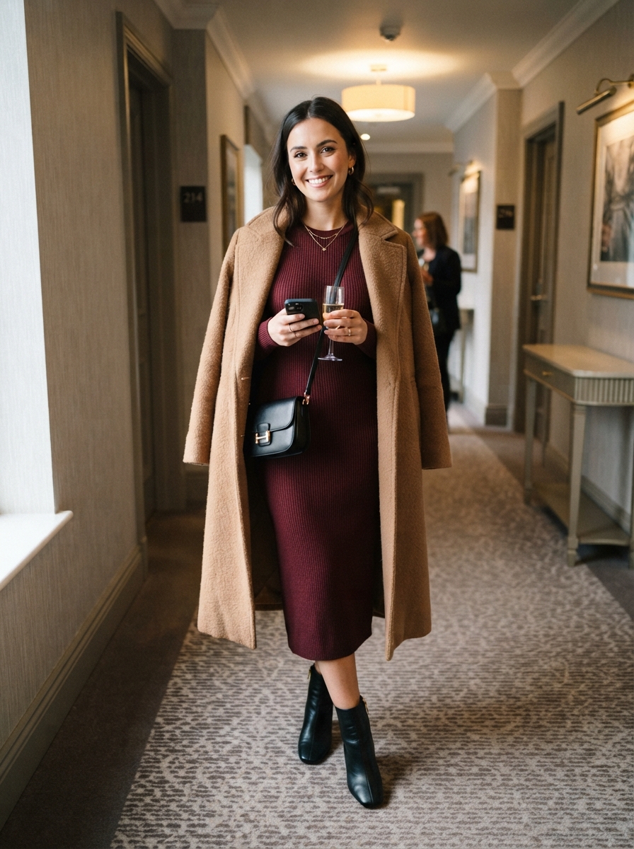 Sweater Dress with Heeled Boots winter wedding guest outfit