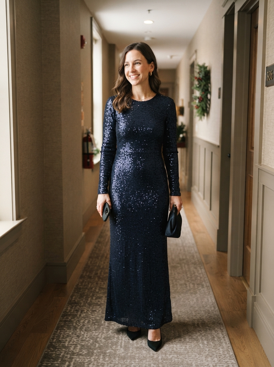 Midnight Blue Sequin Gown winter wedding guest outfit