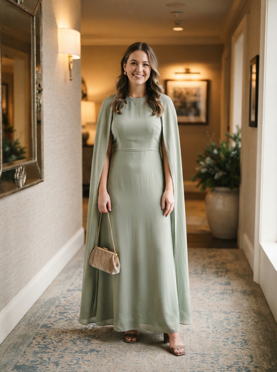 Pastel Cape Dress winter wedding guest outfit