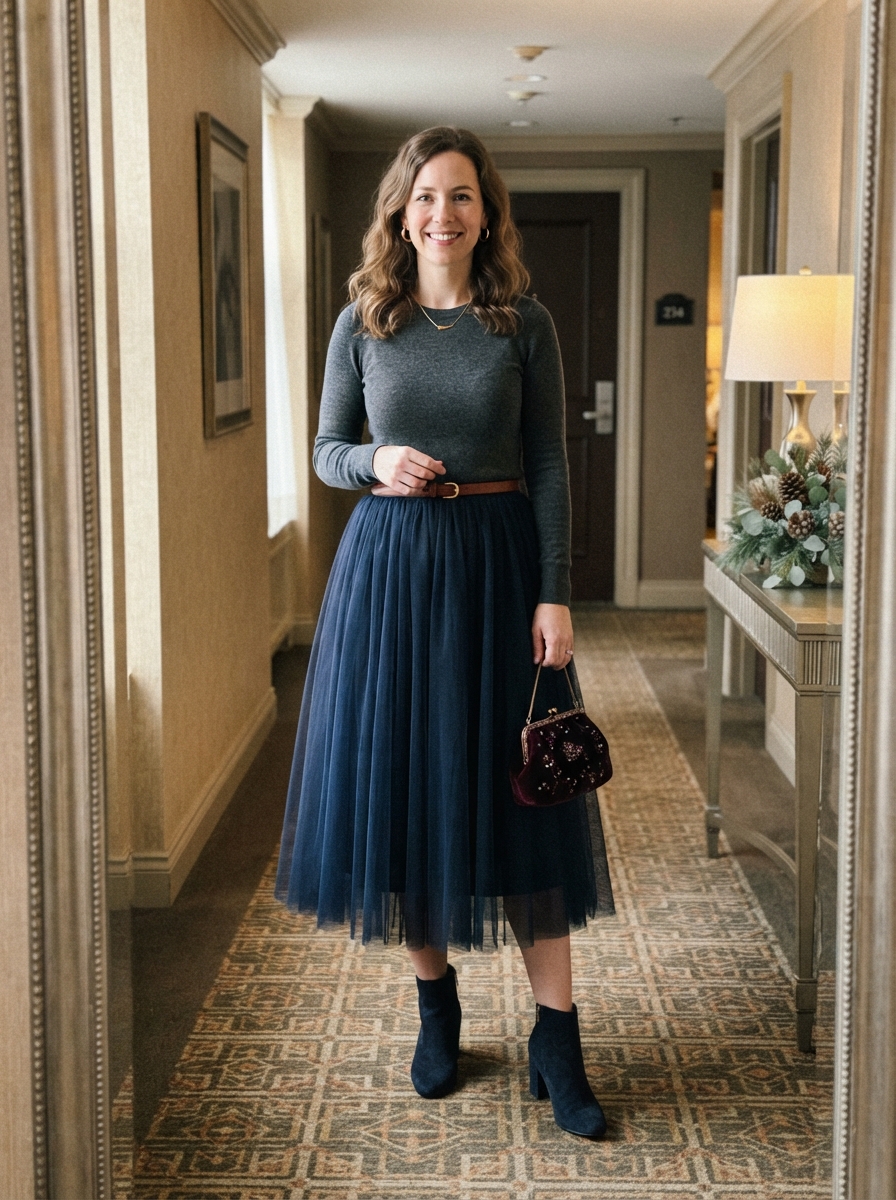 Tulle Midi Skirt with Fitted Knit winter wedding guest outfit
