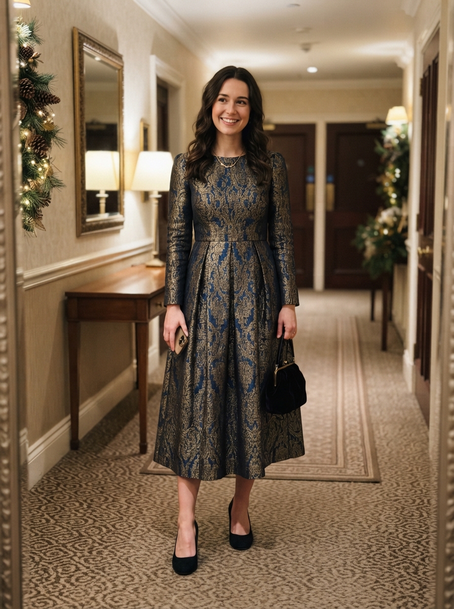 Brocade Midi Dress winter wedding guest outfit