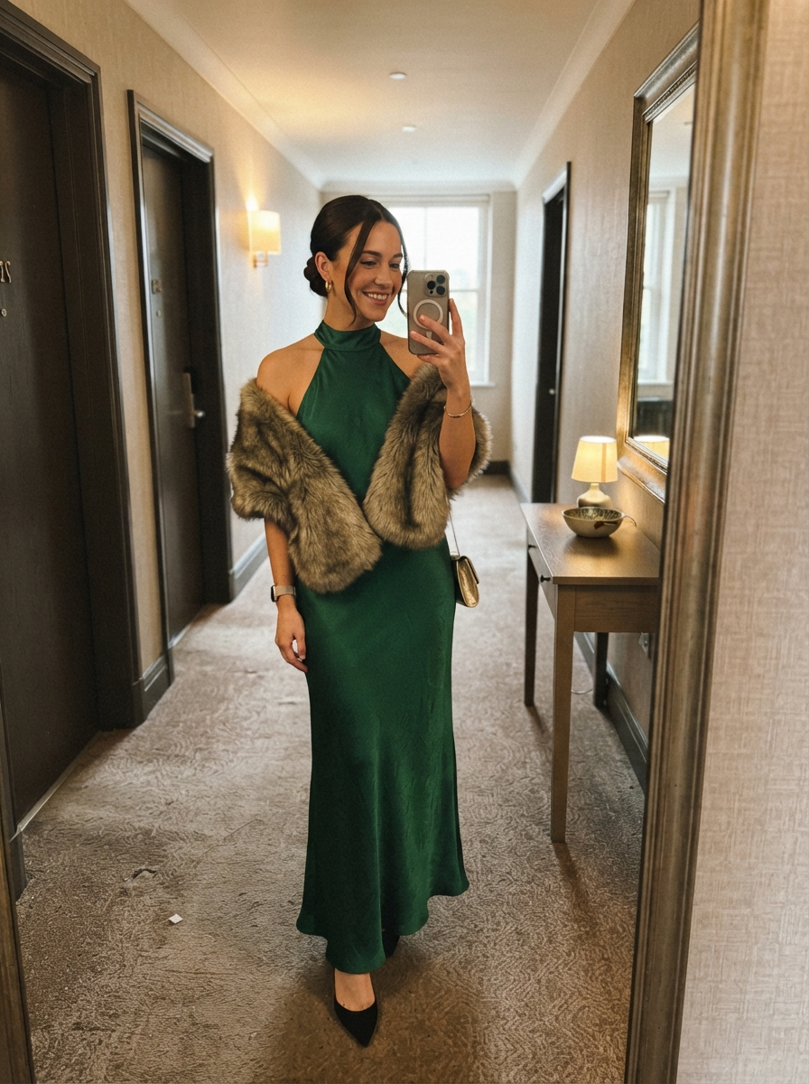 Halter Neck Gown with Faux Fur Stole winter wedding guest outfit