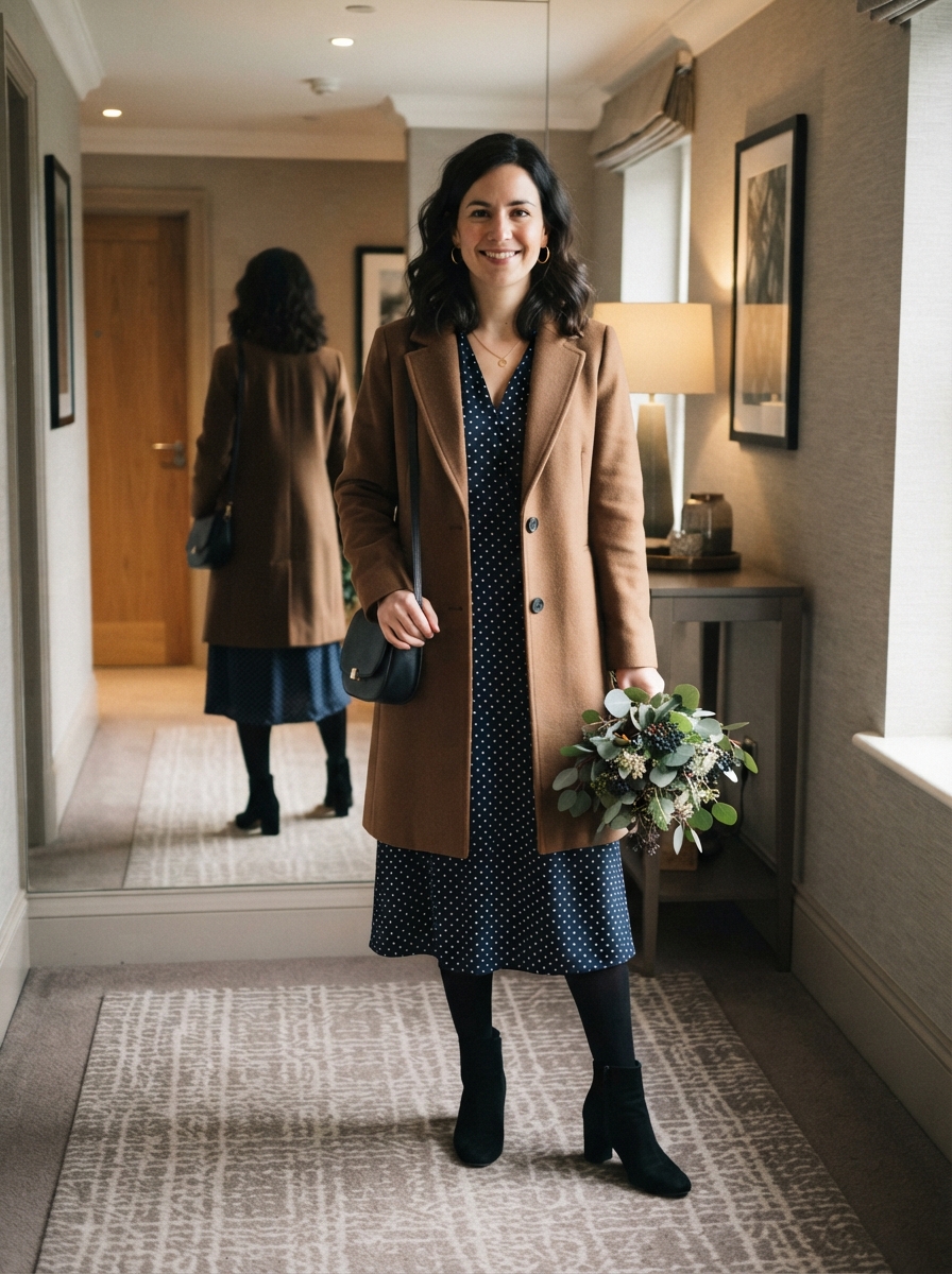 Polka Dot Midi Dress with Tights winter wedding guest outfit