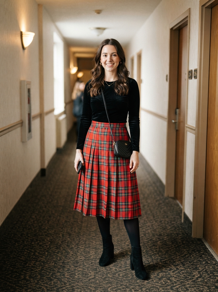 Tartan Midi Skirt with Velvet Top winter wedding guest outfit
