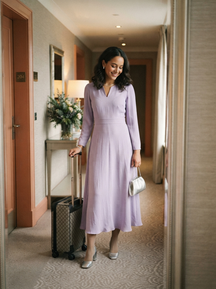 Lavender Long-Sleeve Dress winter wedding guest outfit