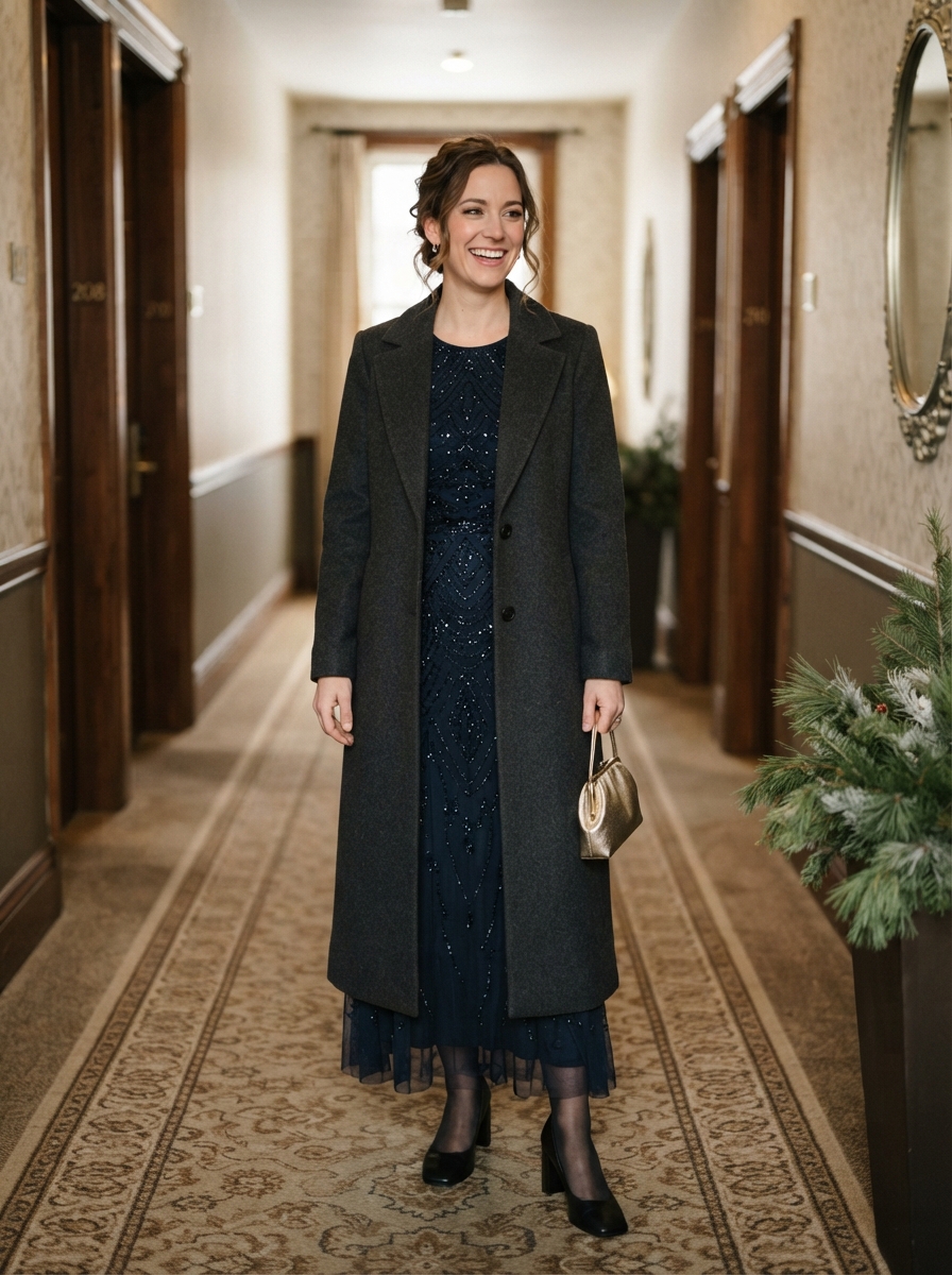 Embellished Dress with Tailored Coat winter wedding guest outfit