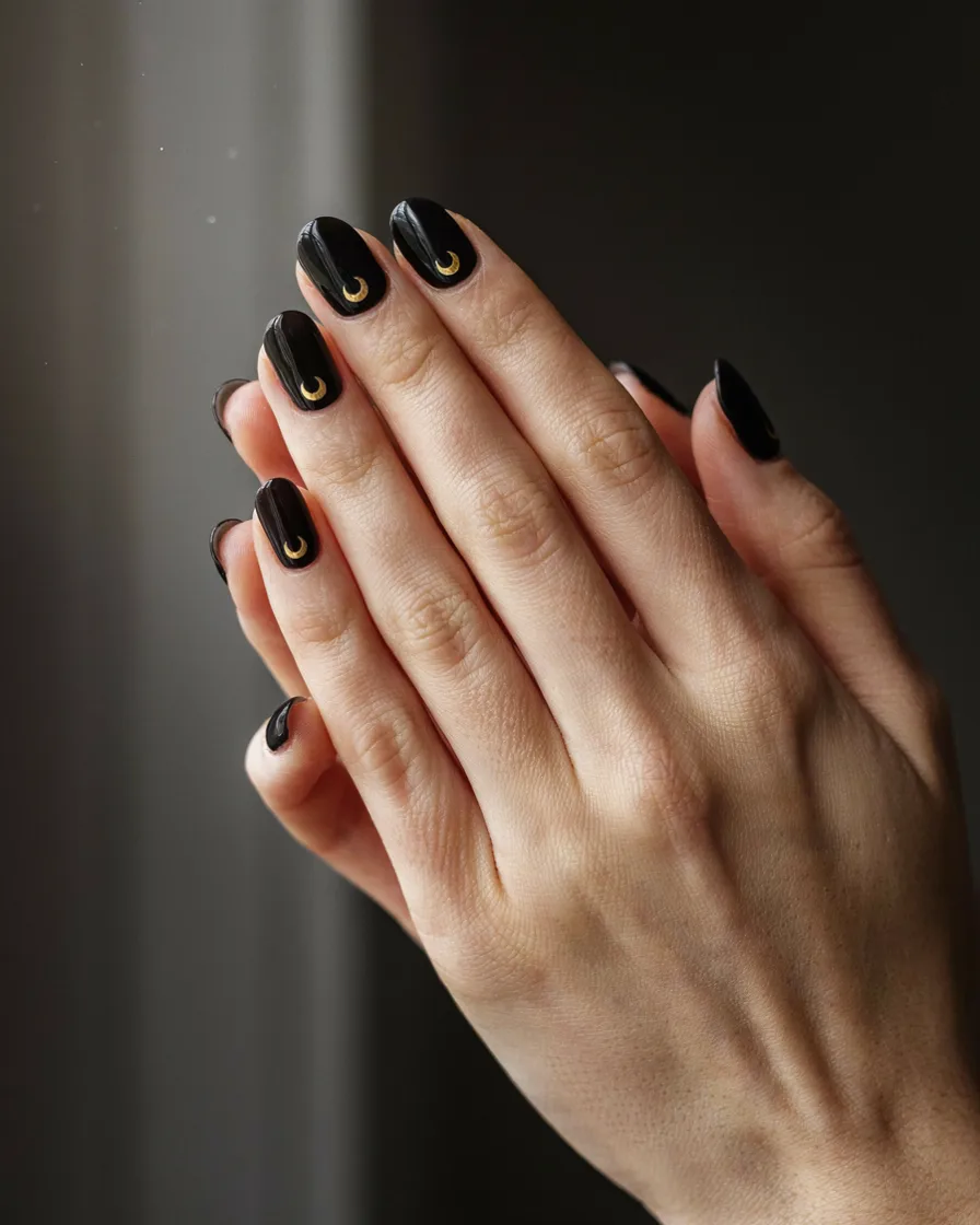 Gold Crescent on Black - witchy nail idea