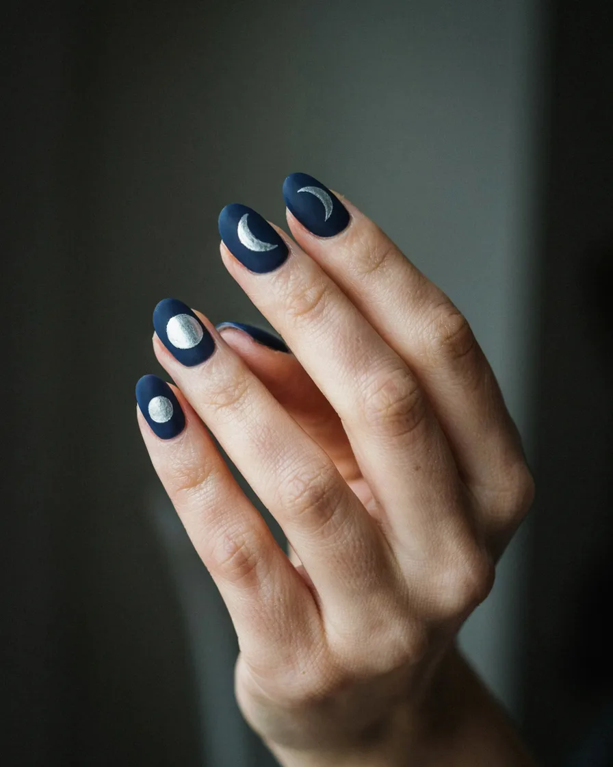Moon Phases on Navy - witchy nail idea