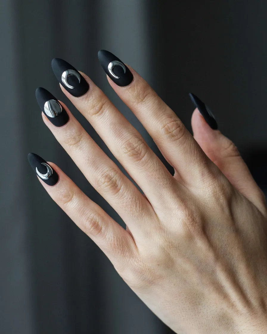 Moon Phases with Chrome - witchy nail idea