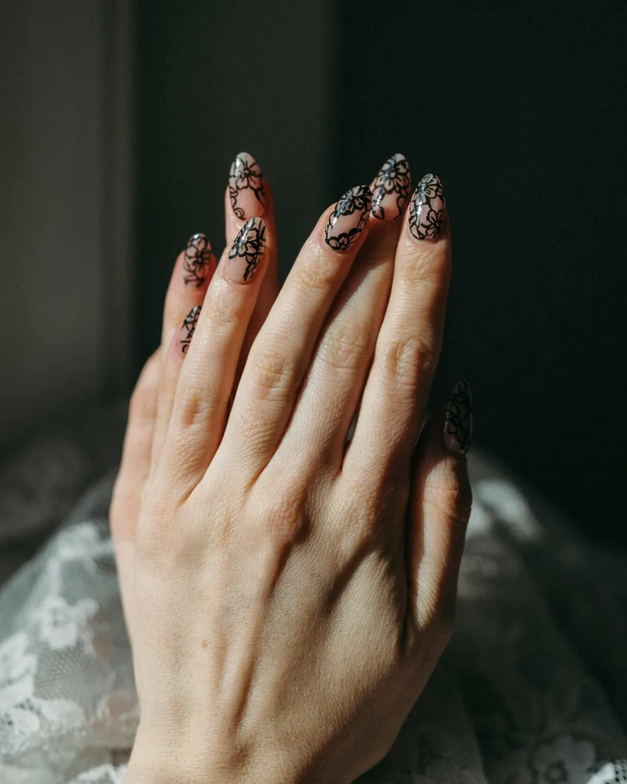 Black Lace Overlay - witchy nail idea