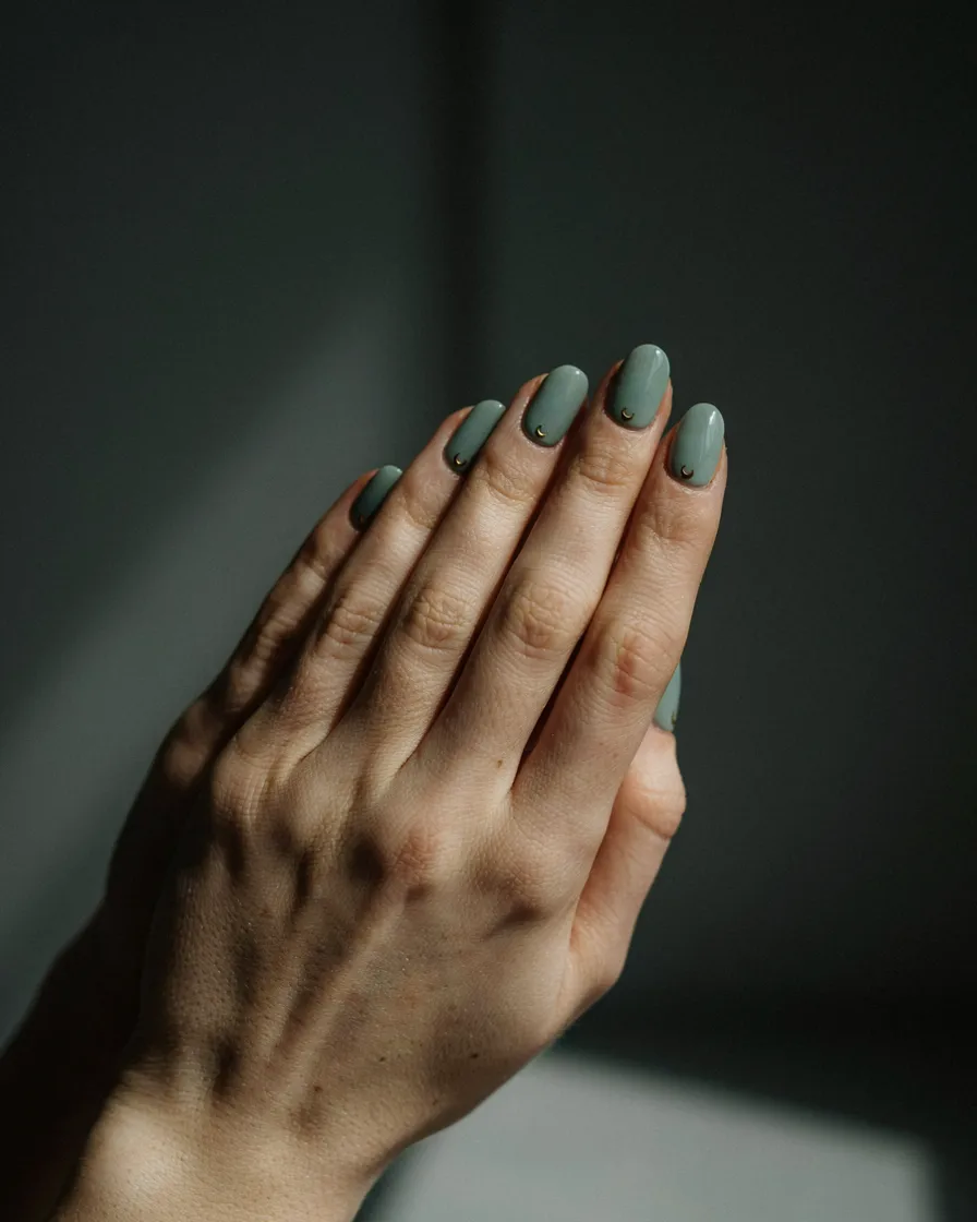 Sage Green with Gold Moons - witchy nail idea