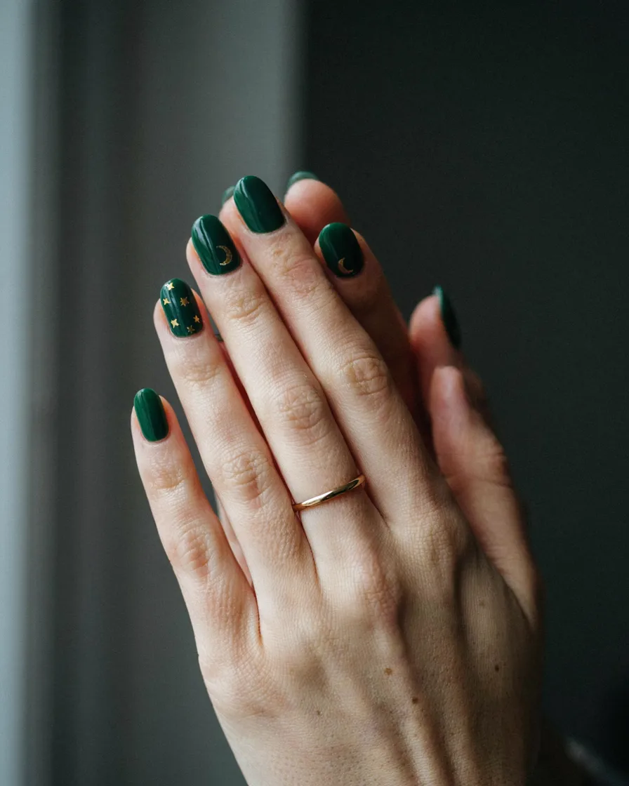 Green with Celestial Gold - witchy nail idea
