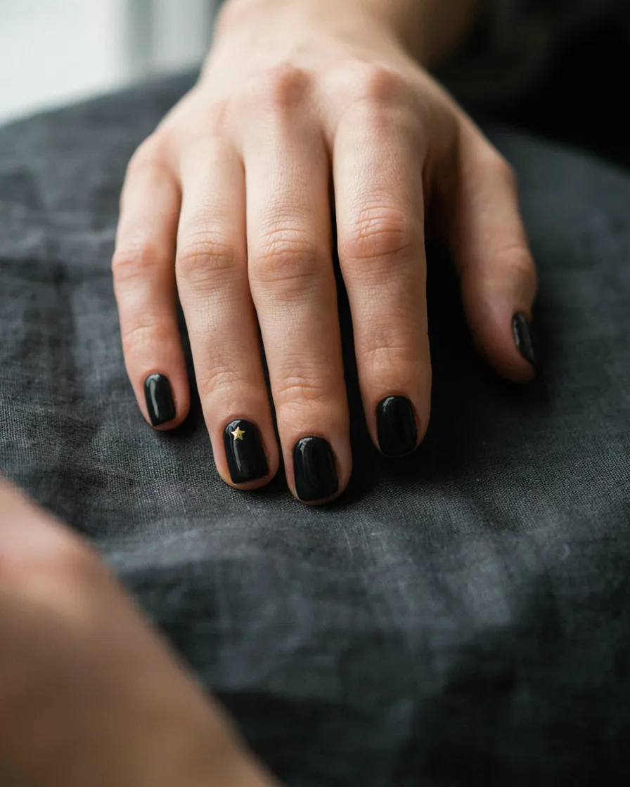Short Black with One Gold Star - witchy nail idea