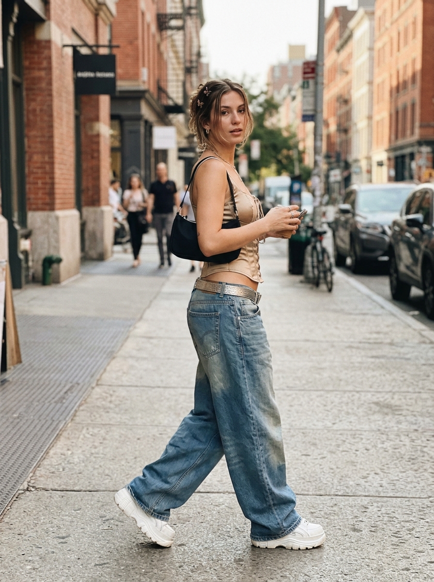 Y2K outfit Corset Top + Baggy Jeans