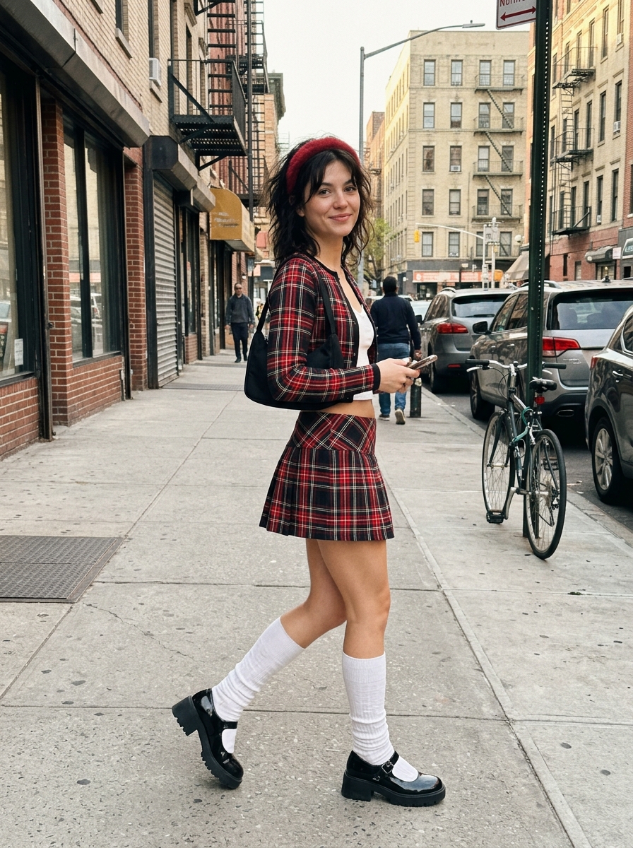 Y2K outfit Plaid Mini Skirt + Cropped Cardigan
