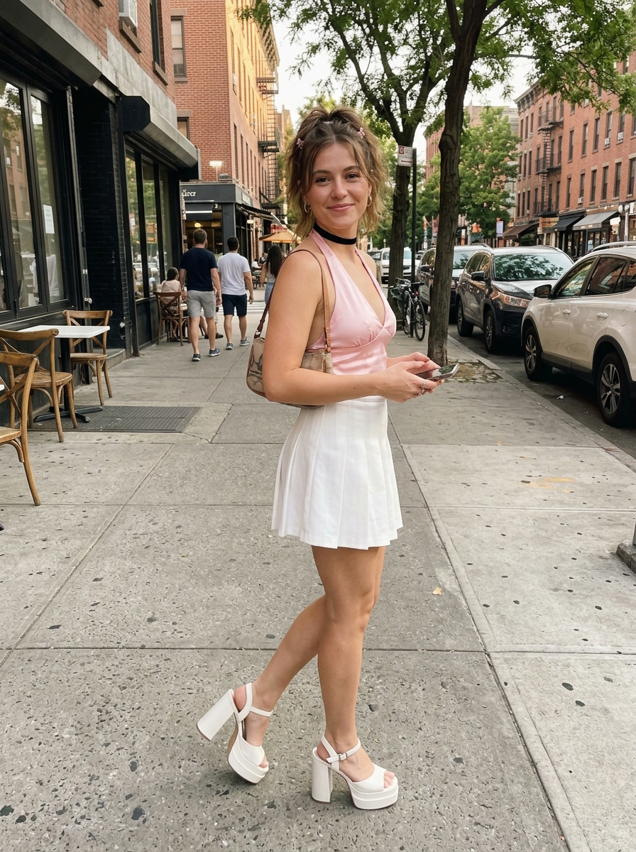 Y2K outfit Halter Neck Top + Pleated Mini