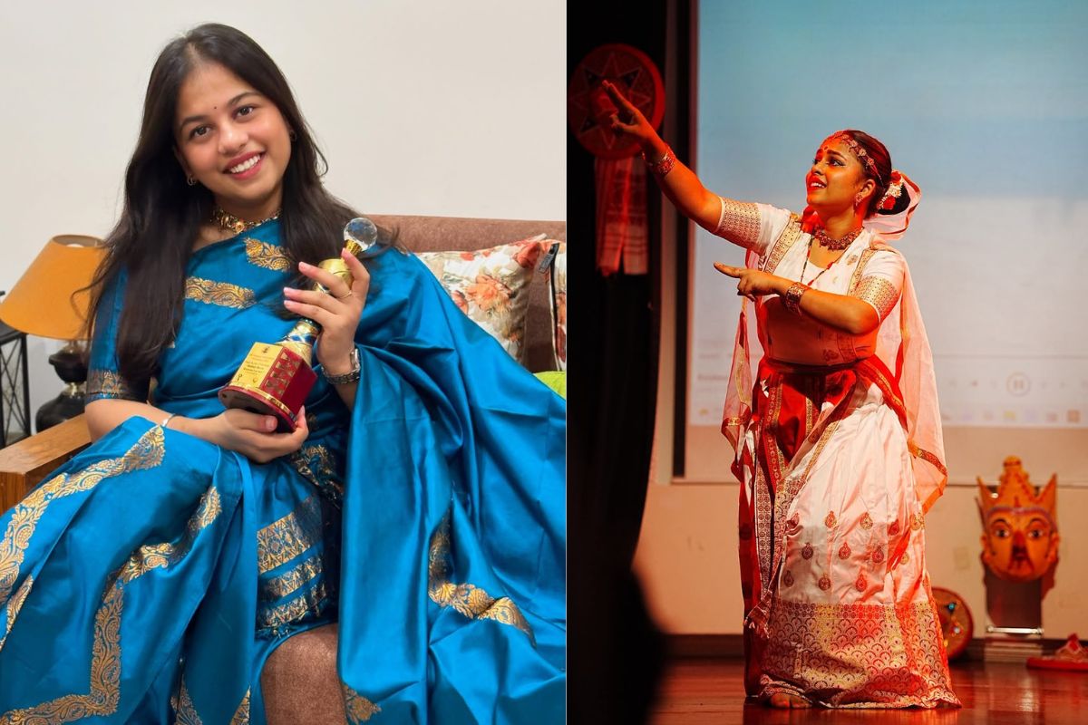 Rodali Bora holding an award, and performing Sattriya on stage