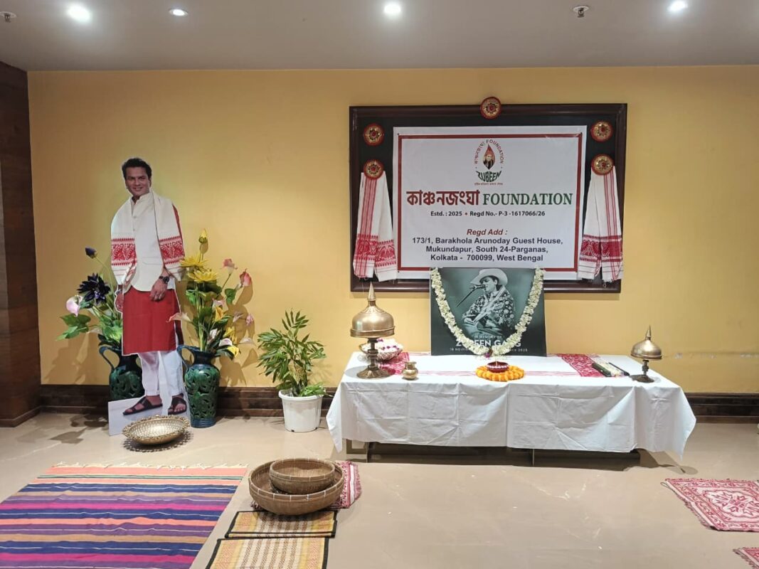 Tribute display for Zubeen Garg set up by the Kanchanjangha Foundation in Kolkata
