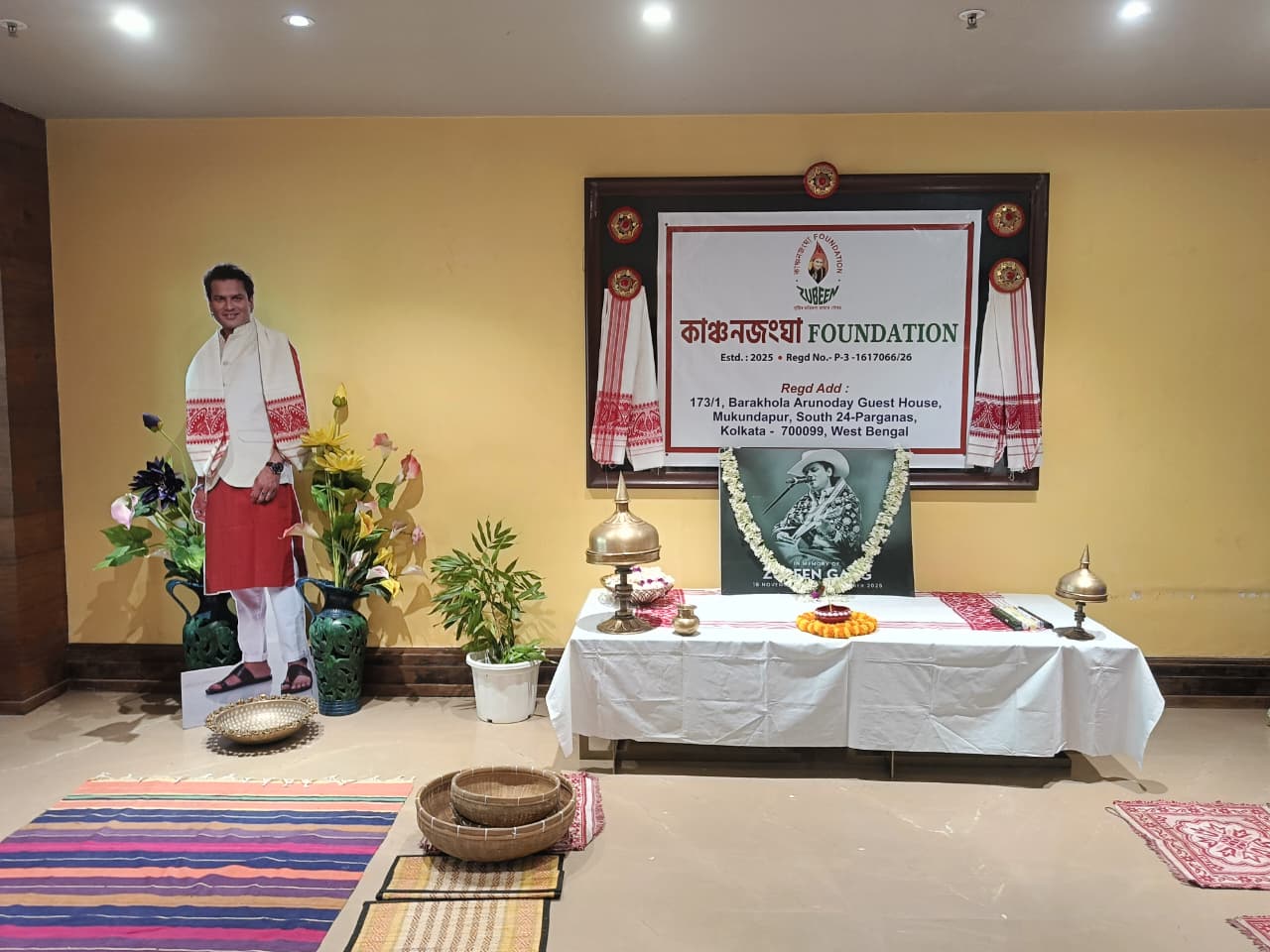 Tribute display for Zubeen Garg set up by the Kanchanjangha Foundation in Kolkata